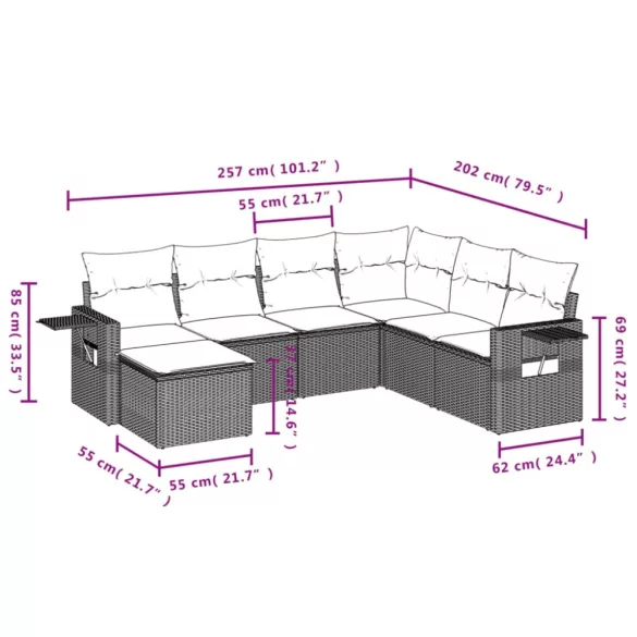7 részes fekete polyrattan kerti ülőgarnitúra párnával