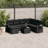 8 részes fekete polyrattan kerti ülőgarnitúra párnákkal