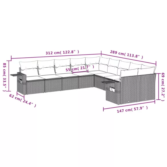 10 részes fekete polyrattan kerti ülőgarnitúra párnákkal