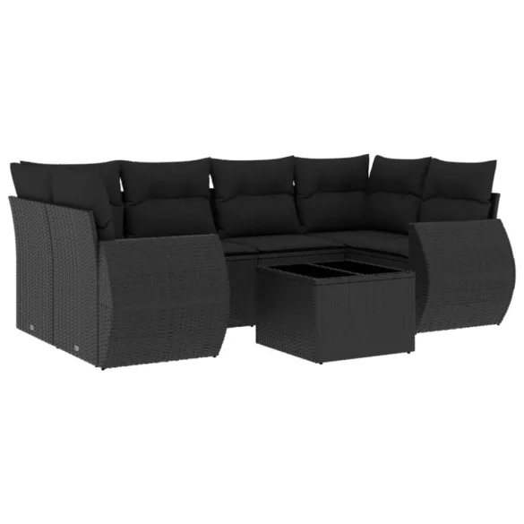 7 részes fekete polyrattan kerti ülőgarnitúra párnával