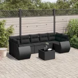 8 részes fekete polyrattan kerti ülőgarnitúra párnákkal