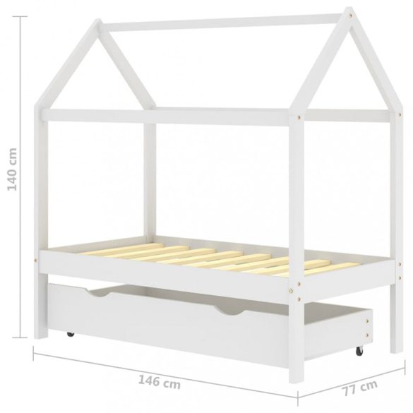 fehér tömör fenyőfa gyerekágykeret fiókkal 70 x 140 cm