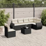7 részes fekete polyrattan kerti ülőgarnitúra párnával