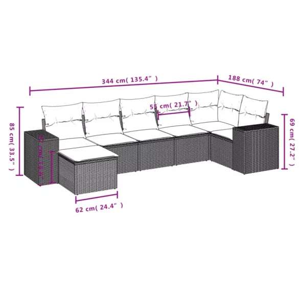 7 részes szürke polyrattan kerti ülőgarnitúra párnákkal