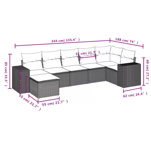 8 részes fekete polyrattan kerti ülőgarnitúra párnákkal