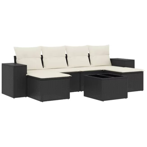 7 részes fekete polyrattan kerti ülőgarnitúra párnával