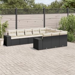   10 részes fekete polyrattan kerti ülőgarnitúra párnákkal