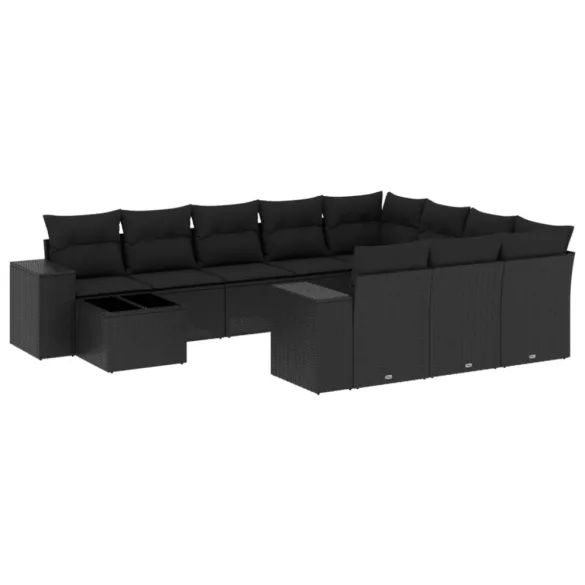 11 részes fekete polyrattan kerti ülőgarnitúra párnákkal