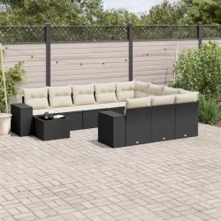   11 részes fekete polyrattan kerti ülőgarnitúra párnákkal