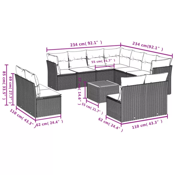 12 részes szürke polyrattan kerti ülőgarnitúra párnákkal