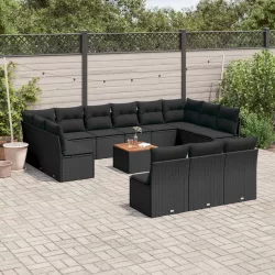   14 részes fekete polyrattan kerti ülőgarnitúra párnákkal