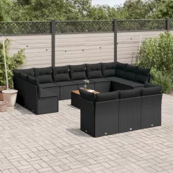   14 részes fekete polyrattan kerti ülőgarnitúra párnákkal