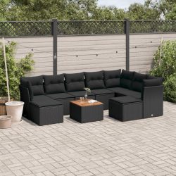   10 részes fekete polyrattan kerti ülőgarnitúra párnákkal