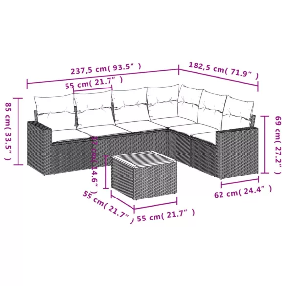 7 részes fekete polyrattan kerti ülőgarnitúra párnával