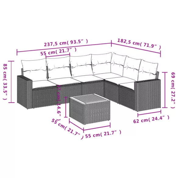7 részes fekete polyrattan kerti ülőgarnitúra párnával