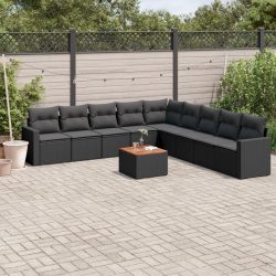   10 részes fekete polyrattan kerti ülőgarnitúra párnákkal