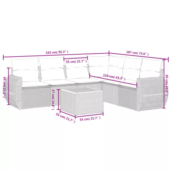 7 részes fekete polyrattan kerti ülőgarnitúra párnával