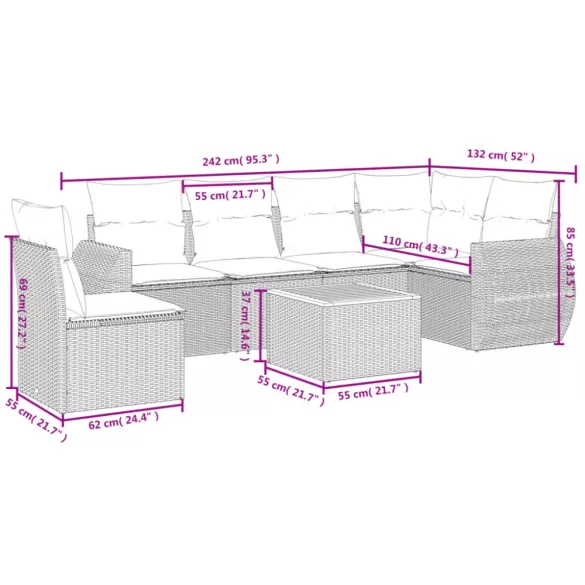 7 részes fekete polyrattan kerti ülőgarnitúra párnával
