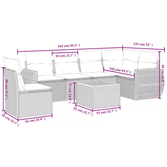7 részes fekete polyrattan kerti ülőgarnitúra párnával