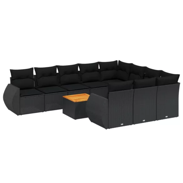 11 részes fekete polyrattan kerti ülőgarnitúra párnákkal