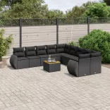 11 részes fekete polyrattan kerti ülőgarnitúra párnákkal