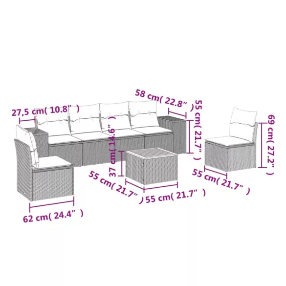 7 részes fekete polyrattan kerti ülőgarnitúra párnával