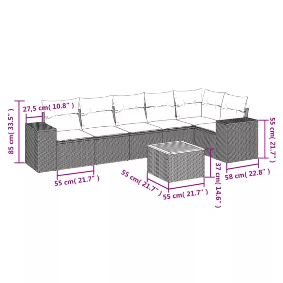7 részes fekete polyrattan kerti ülőgarnitúra párnával