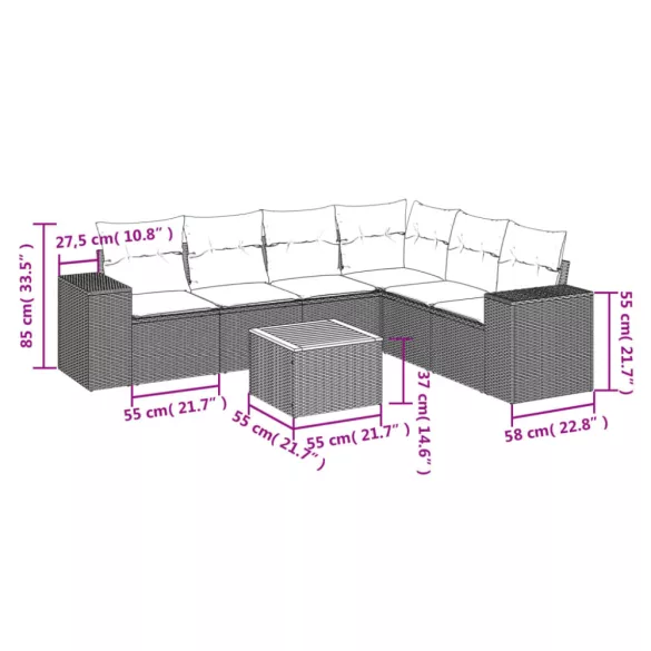 7 részes fekete polyrattan kerti ülőgarnitúra párnával