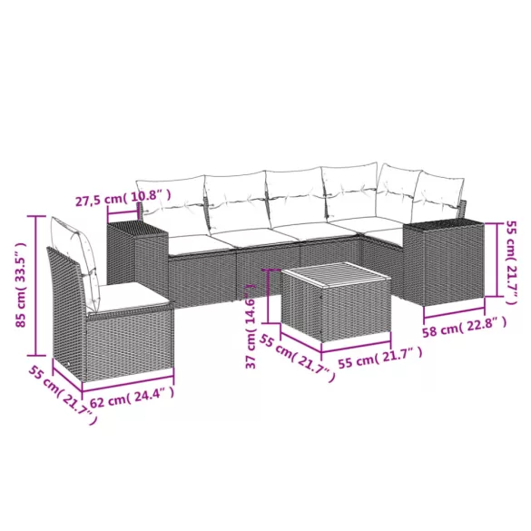 7 részes fekete polyrattan kerti ülőgarnitúra párnával
