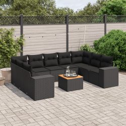   10 részes fekete polyrattan kerti ülőgarnitúra párnákkal