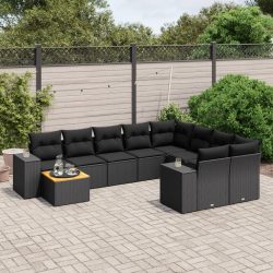   10 részes fekete polyrattan kerti ülőgarnitúra párnákkal