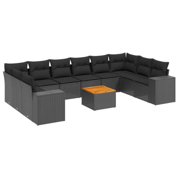 11 részes fekete polyrattan kerti ülőgarnitúra párnákkal