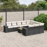 11 részes fekete polyrattan kerti ülőgarnitúra párnákkal