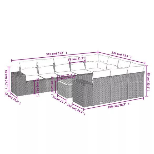 11 részes szürke polyrattan kerti ülőgarnitúra párnákkal
