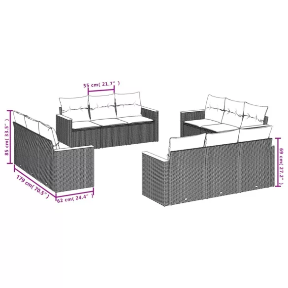 12 részes fekete polyrattan kerti ülőgarnitúra párnákkal