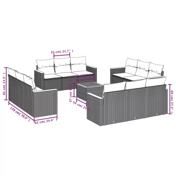 13 részes fekete polyrattan kerti ülőgarnitúra párnákkal