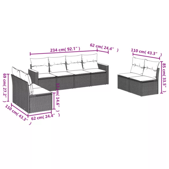 8 részes fekete polyrattan kerti ülőgarnitúra párnákkal