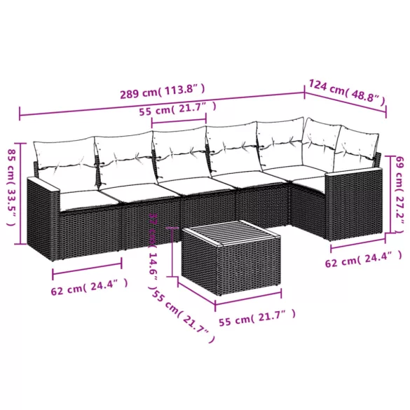 7 részes fekete polyrattan kerti ülőgarnitúra párnával