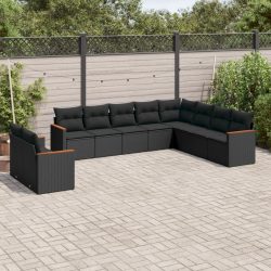   10 részes fekete polyrattan kerti ülőgarnitúra párnákkal