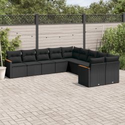   10 részes fekete polyrattan kerti ülőgarnitúra párnákkal