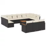 14 részes fekete polyrattan kerti ülőgarnitúra párnákkal