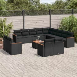   14 részes fekete polyrattan kerti ülőgarnitúra párnákkal