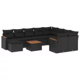 11 részes fekete polyrattan kerti ülőgarnitúra párnákkal