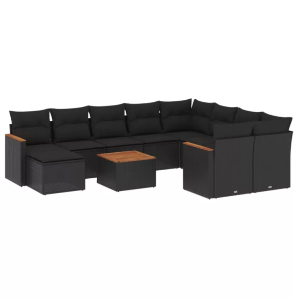 11 részes fekete polyrattan kerti ülőgarnitúra párnákkal