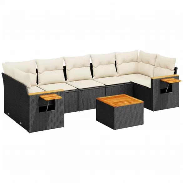 8 részes fekete polyrattan kerti ülőgarnitúra párnákkal