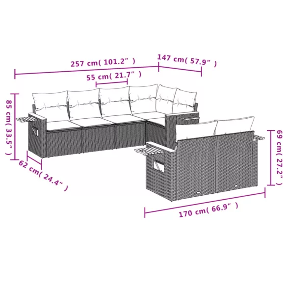 7 részes fekete polyrattan kerti ülőgarnitúra párnával
