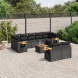 10 részes fekete polyrattan kerti ülőgarnitúra párnákkal