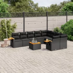   10 részes fekete polyrattan kerti ülőgarnitúra párnákkal