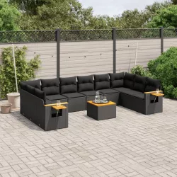   11 részes fekete polyrattan kerti ülőgarnitúra párnákkal