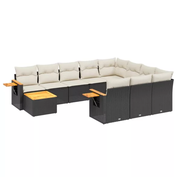 11 részes fekete polyrattan kerti ülőgarnitúra párnákkal